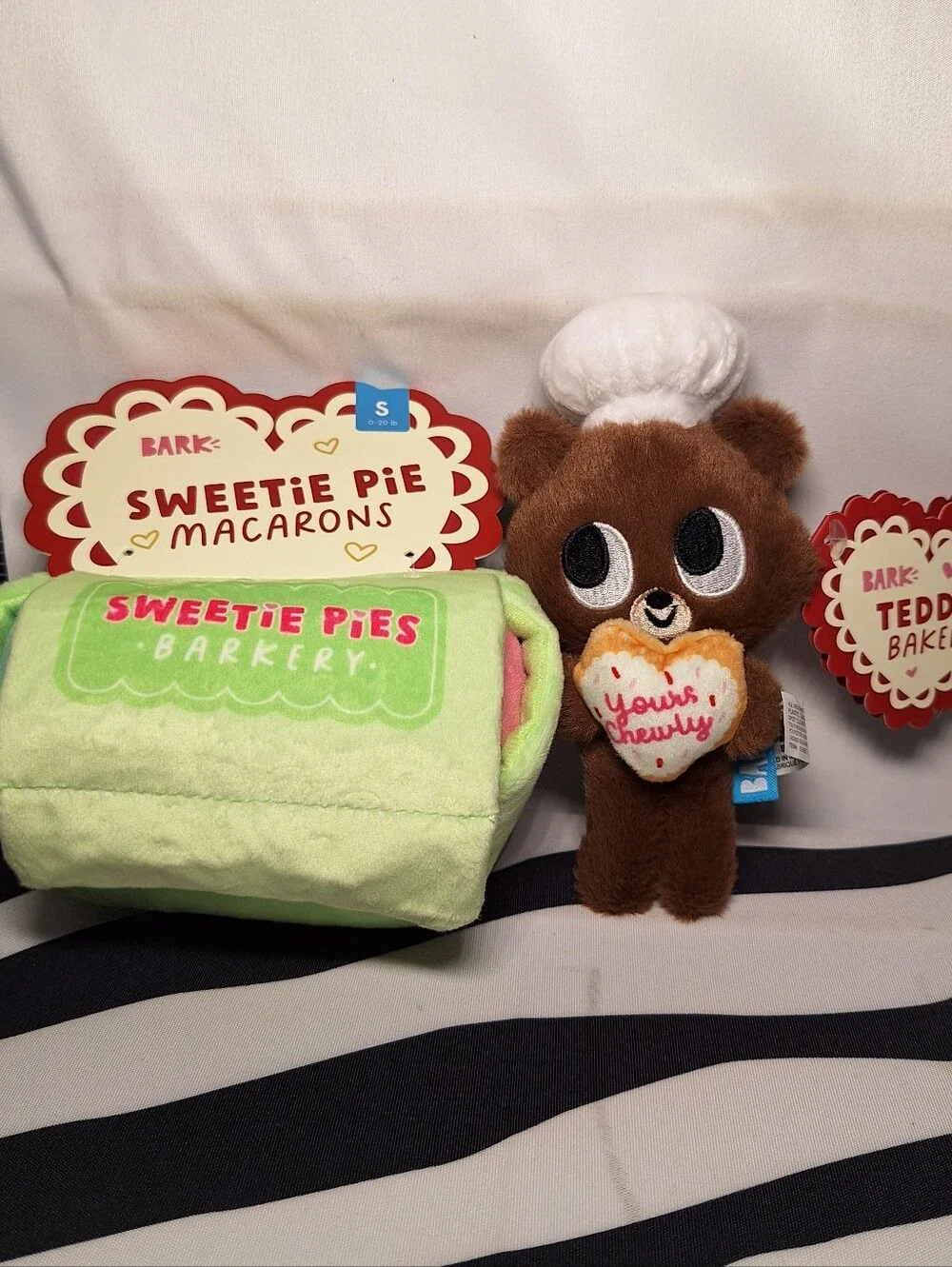 NWT Bark Sweetie Pie Macarons and Teddy Baker Dog Toys, 2 Pack, S